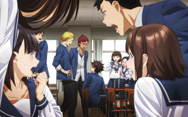 HD wallpaper of an anime scene from “I Got a Cheat Skill in Another World and Became Unrivaled in The Real World Too,” featuring students in a classroom engaged in a lively discussion.