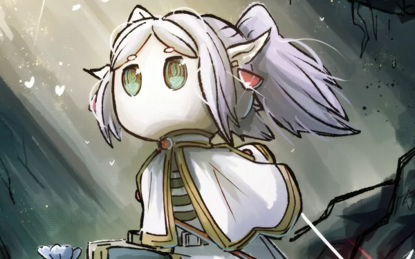 An HD wallpaper featuring Frieren from the anime Frieren: Beyond Journey's End. The character is drawn in an art style with soft colors and detailed shading, conveying a fantastical atmosphere.