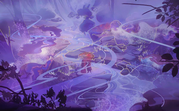 HD PC desktop wallpaper featuring ethereal purple and blue tones with intricate patterns inspired by Tian Guan Ci Fu (Heaven Official's Blessing) characters Xie Lian and Hua Cheng.