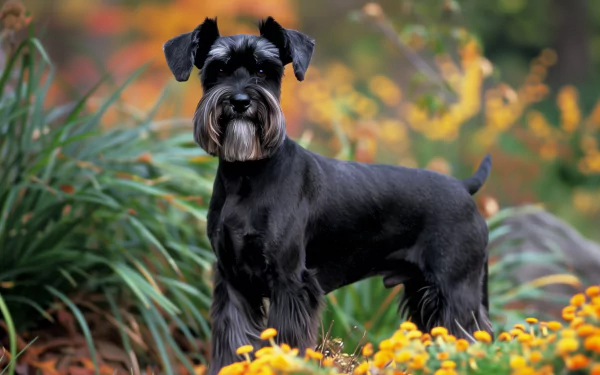 HD desktop wallpaper featuring a schnauzer dog standing amid vibrant, colorful foliage and flowers, creating a picturesque outdoor scene.