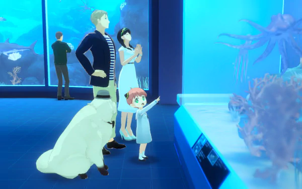HD desktop wallpaper of SPY×ANYA: Operation Memories video game, featuring a family with a dog, gazing at an aquarium display with marine life in a soft aqua-blue background.