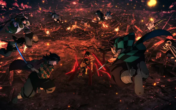 HD PC desktop wallpaper featuring Demon Slayer: Kimetsu no Yaiba characters Tanjiro Kamado, Giyu Tomioka, and Muichiro Tokito engaged in battle amid fiery surroundings.