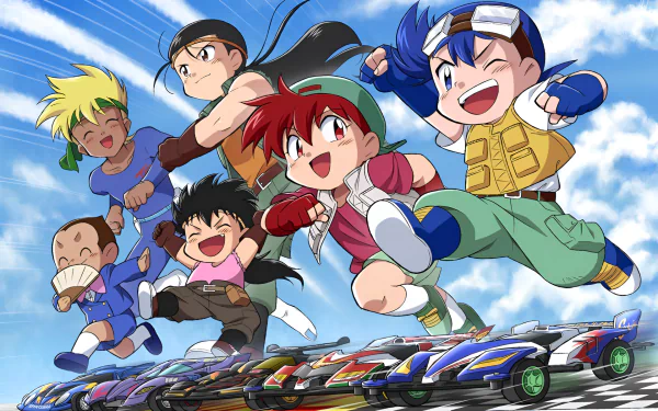 HD desktop wallpaper featuring characters from the anime Bakusō Kyōdai Let's & Go!! running with enthusiasm in a vibrant, action-packed scene with miniature cars racing below.