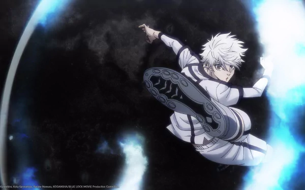 HD desktop wallpaper featuring Seishiro Nagi from the anime Blue Lock, captured in an intense action pose with a dynamic background.