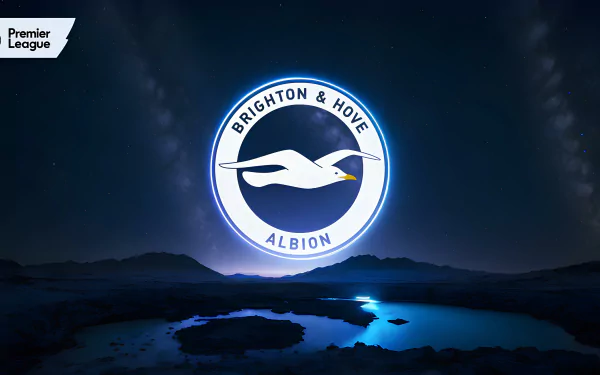 Brighton & Hove Albion F.C. logo glowing over a dark, reflective landscape in 4K Ultra HD desktop wallpaper style, featuring the Premier League emblem.