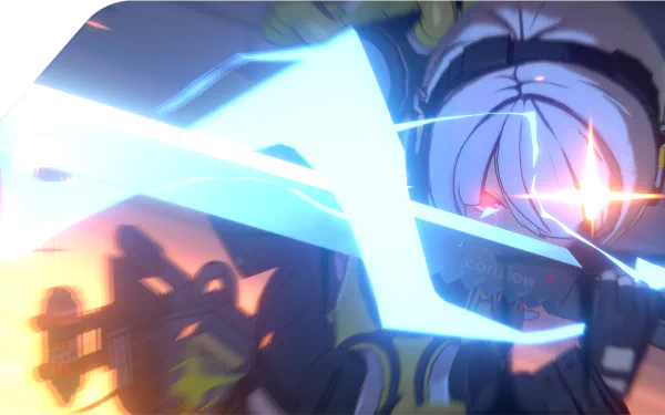 Action-packed HD wallpaper of the video game Zenless Zone Zero, featuring a dynamic character in mid-action with glowing weapons.