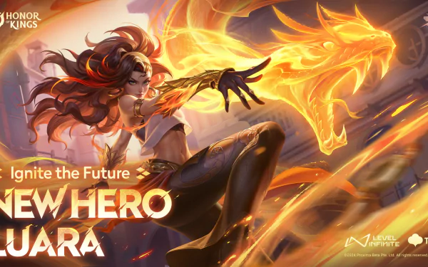 HD desktop wallpaper featuring Luara from Honor of Kings, showcasing her fiery powers with the text Ignite the Future and New Hero Luara.