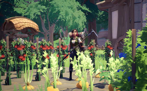 A high-definition desktop wallpaper from the video game Palia, featuring a character farming in a vibrant garden with lush greenery, colorful flowers, and vegetables growing in the background.