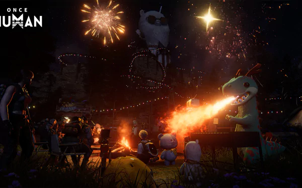 HD desktop wallpaper and background from the video game Once Human, featuring a night scene with fireworks, characters gathered around a fire, and a festive atmosphere.