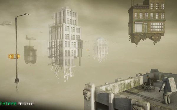 HD wallpaper featuring a surreal cityscape scene from the video game Lifeless Moon, with floating buildings and a foggy atmosphere.