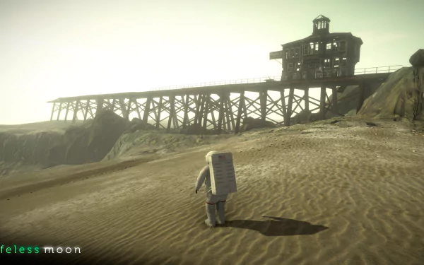 HD desktop wallpaper of Lifeless Moon video game showing a lone astronaut walking towards an abandoned structure.