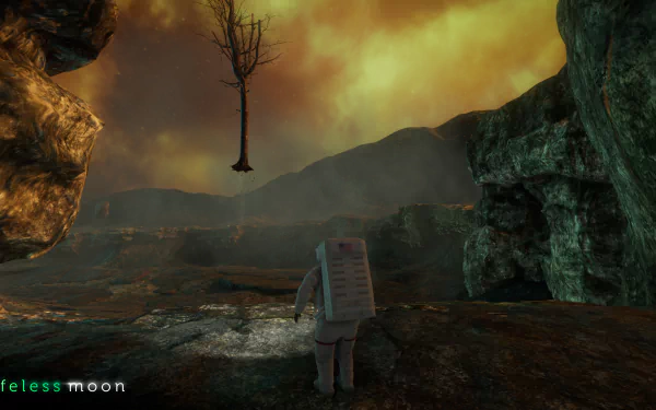 HD desktop wallpaper for the video game Lifeless Moon, featuring an astronaut exploring a rocky, alien landscape with a floating tree against a dramatic, cloudy sky.