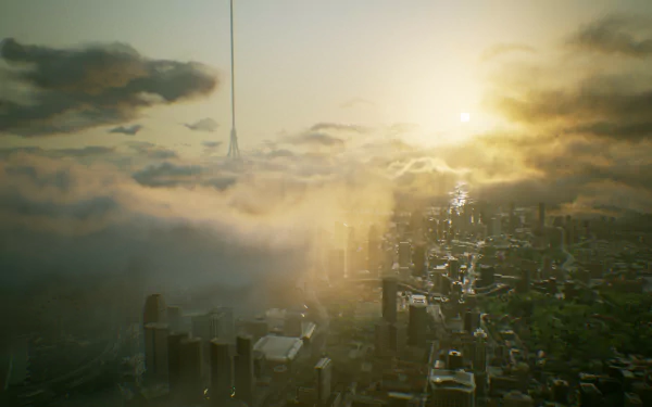 HD desktop wallpaper and background featuring a breathtaking sunset over a foggy cityscape from the video game Ace Combat 7: Skies Unknown.