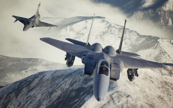 HD desktop wallpaper and background featuring jets soaring over snowy mountains from the video game Ace Combat 7: Skies Unknown.