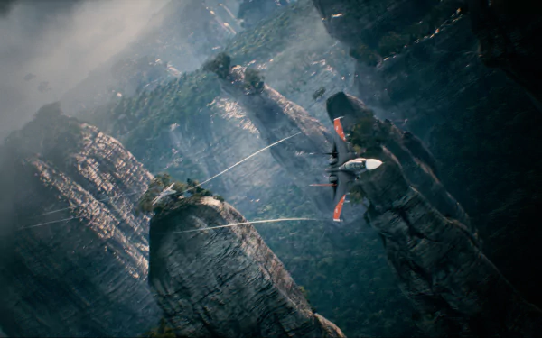 HD desktop wallpaper of Ace Combat 7: Skies Unknown, featuring a stunning aerial view with a fighter jet flying between rugged, towering rock formations and lush greenery under a cloudy sky.