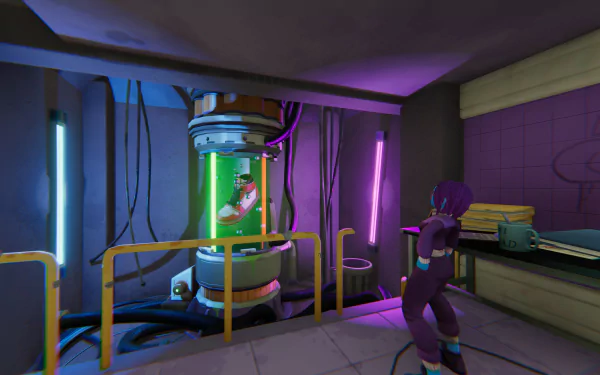 HD desktop wallpaper featuring an Anger Foot video game scene with a character observing a glowing, cylindrical containment unit in a futuristic setting.