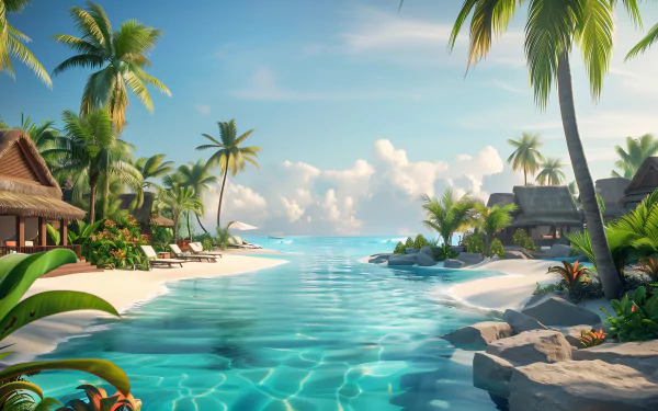 A serene tropical beach resort features clear blue waters, lush palm trees, and inviting lounge chairs along a sandy shoreline, creating a stunning desktop wallpaper for vacation vibes.