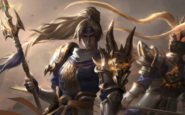 A high-definition desktop wallpaper featuring Xin Zhao from League of Legends holding a lance, adorned in intricate armor amid a dynamic and heroic background.