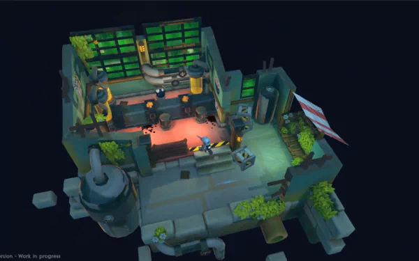 A high-definition desktop wallpaper featuring a scene from the video game DROS, depicting a detailed and vibrant interior environment with various mechanical and industrial elements.