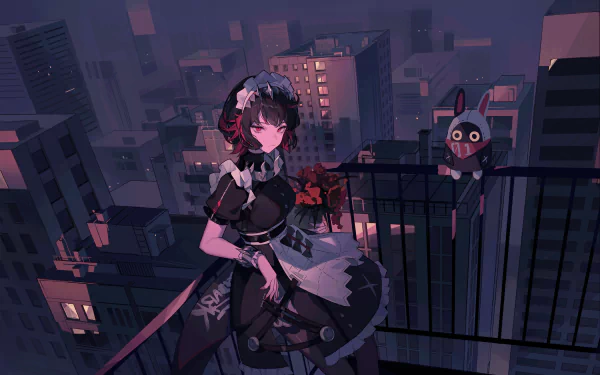 HD wallpaper depicting Ellen Joe from the video game Zenless Zone Zero, standing on a rooftop at night, backgrounded by a cityscape.