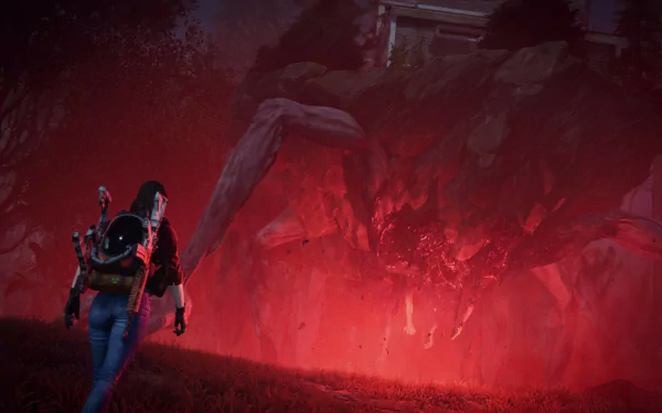 An HD desktop wallpaper featuring a scene from the video game Once Human, showing a figure facing a gigantic, eerie creature illuminated by red light in a dark, atmospheric environment.