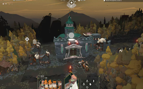 HD desktop wallpaper of the video game Cataclismo, depicting a fantasy settlement nestled in a forest with towering mountains in the background.