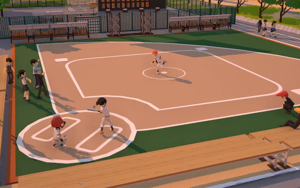 HD desktop wallpaper showcasing a baseball scene from the video game Let's School, featuring animated characters playing on a well-maintained baseball field.