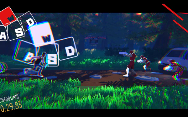 HD desktop wallpaper of the video game Aerial_Knight’s Never Yield, depicting a dynamic forest scene with a character running towards armed foes amid vibrant graphics and on-screen control prompts.