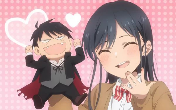 Anime-style 4K Ultra HD desktop wallpaper featuring Rin Nanakura in a cheerful pose with a smaller character in a vampire costume, set against a pink heart-patterned background.