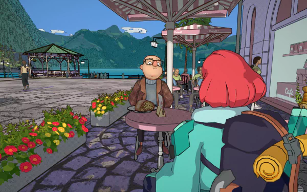 A HD desktop wallpaper of a scene from the video game Dungeons of Hinterberg, depicting characters at a café with colorful umbrellas, flowers, and a scenic mountainside lake in the background.