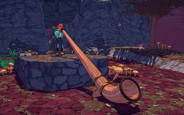 HD desktop wallpaper featuring a scene from the video game Dungeons of Hinterberg, showing a character standing on a stone platform near a large, decorative horn amid a mystical, vibrant landscape.