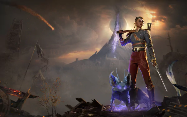 HD desktop wallpaper of Flintlock: The Siege of Dawn, featuring a fierce character with a weapon and a mystical creature against a dramatic, stormy background.