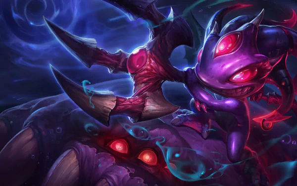HD desktop wallpaper featuring Fizz from League of Legends in a dynamic, dark-colored scene, showcasing his aquatic-themed, mysterious design.