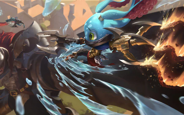 HD desktop wallpaper featuring Fizz from League of Legends, dynamically engaging in battle. This vibrant image showcases Fizz's agility and combat prowess, adding energy to your background.