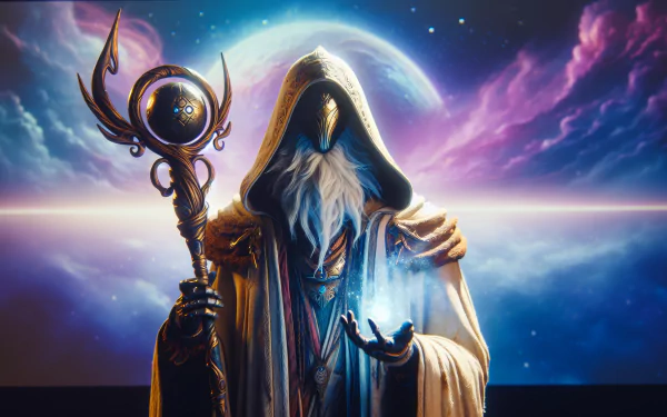 A mystical wizard in a flowing robe holds a glowing orb and staff, surrounded by a cosmic backdrop of swirling colors and celestial elements, creating an enchanting HD desktop wallpaper.