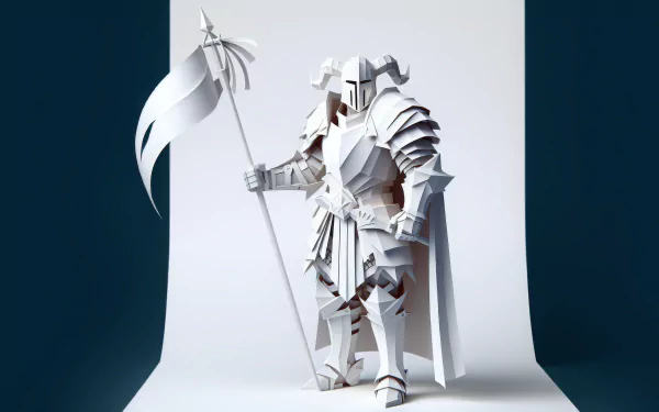 HD desktop wallpaper featuring a detailed paper sculpture of a medieval knight in white armor, holding a flag.