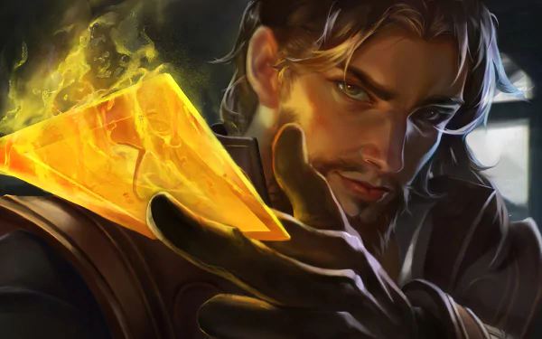 HD desktop wallpaper featuring Twisted Fate from the video game League of Legends, showcasing him holding a glowing yellow card with an intense expression.