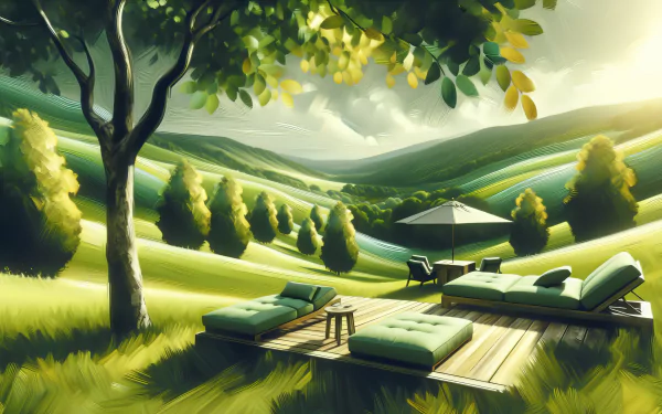 HD desktop wallpaper featuring a serene landscape with sunlit rolling hills, a tree, and a relaxing outdoor lounge area with cushioned lounge chairs and an umbrella.
