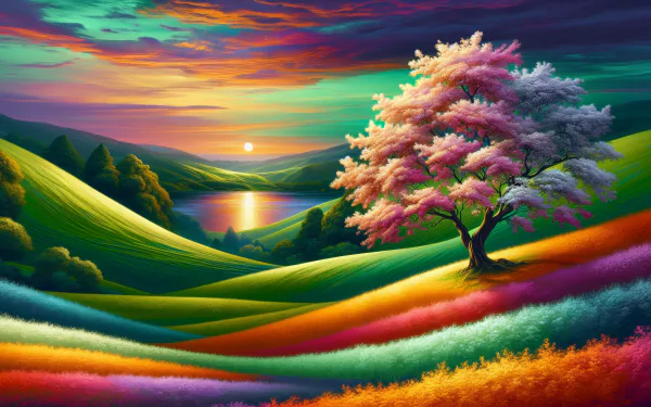 A vibrant HD desktop wallpaper featuring a vivid landscape with rolling hills, a colorful tree, and a radiant sunset over a peaceful lake, displaying an extensive color palette.