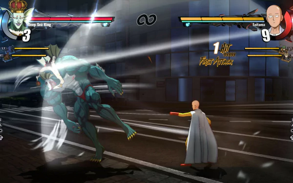 HD wallpaper of the video game One Punch Man: A Hero Nobody Knows, featuring a battle scene with characters Saitama and Deep Sea King in intense combat.