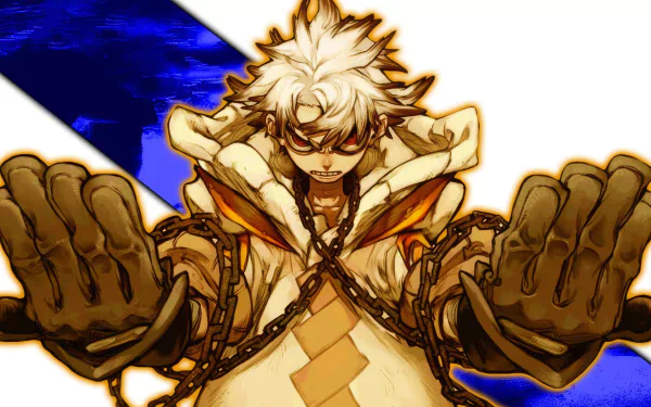 HD manga desktop wallpaper featuring a character from Gachiakuta with spiky white hair, extended hands, and a dynamic blue and white background.