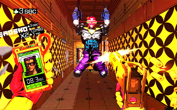 HD desktop wallpaper of the video game Mullet MadJack, featuring a vibrant, action-packed scene with a character in mid-air, futuristic weaponry, and a vivid, geometric background pattern.