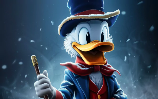HD desktop wallpaper of Scrooge McDuck, featuring him in a blue coat and top hat, holding a cane, with a snowy, misty background.