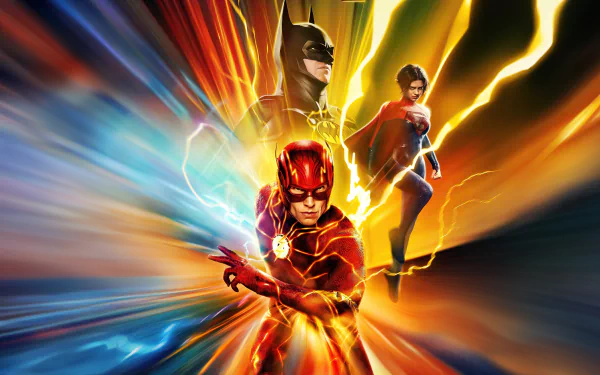 4K Ultra HD PC desktop wallpaper featuring The Flash (2023) with dynamic speed trails and vibrant colors highlighting Flash, Batman, and a supporting character.