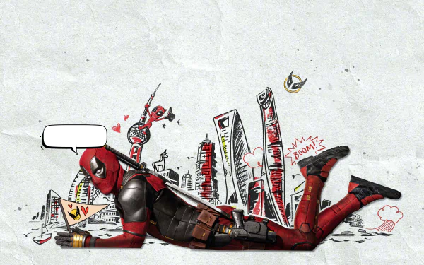 Deadpool lounges amid sketchy city doodles with a tiny Wolverine emblem — 8K Ultra HD PC desktop wallpaper/background, comic-style red and white illustration.