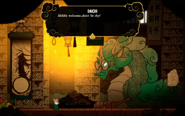 HD desktop wallpaper from the video game Bo: Path of the Teal Lotus, featuring a character named Dachi in a warmly lit, ornate room with traditional decorations.