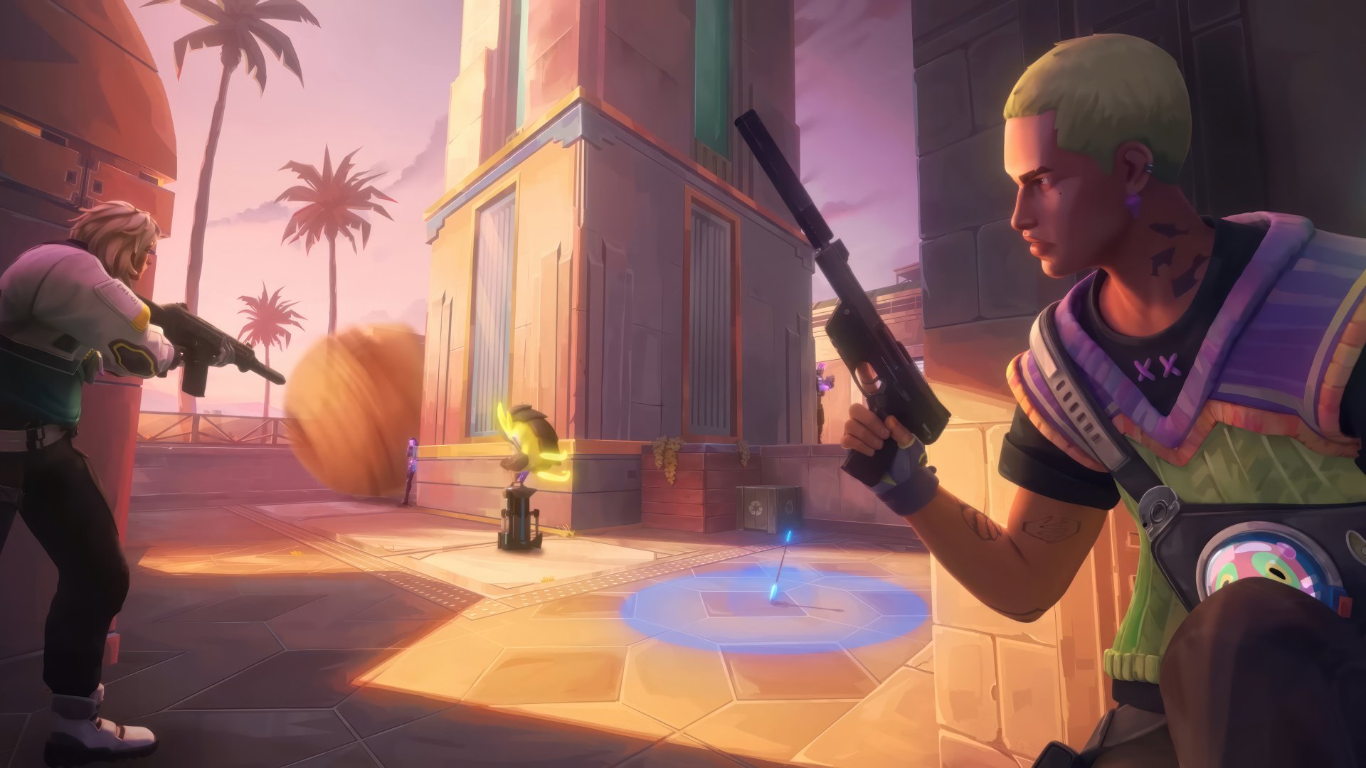 HD desktop wallpaper featuring characters Deadlock and Gekko from the video game Valorant, showcasing vibrant graphics and dynamic action elements.