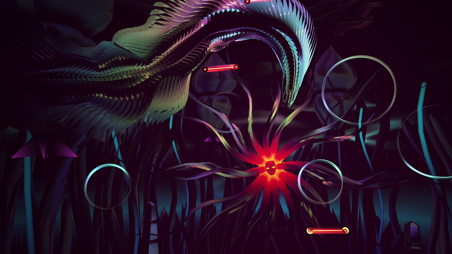 A vibrant HD wallpaper from the video game Thrasher (2024), featuring a dynamic creature intertwined with abstract shapes and glowing elements in a dark environment.