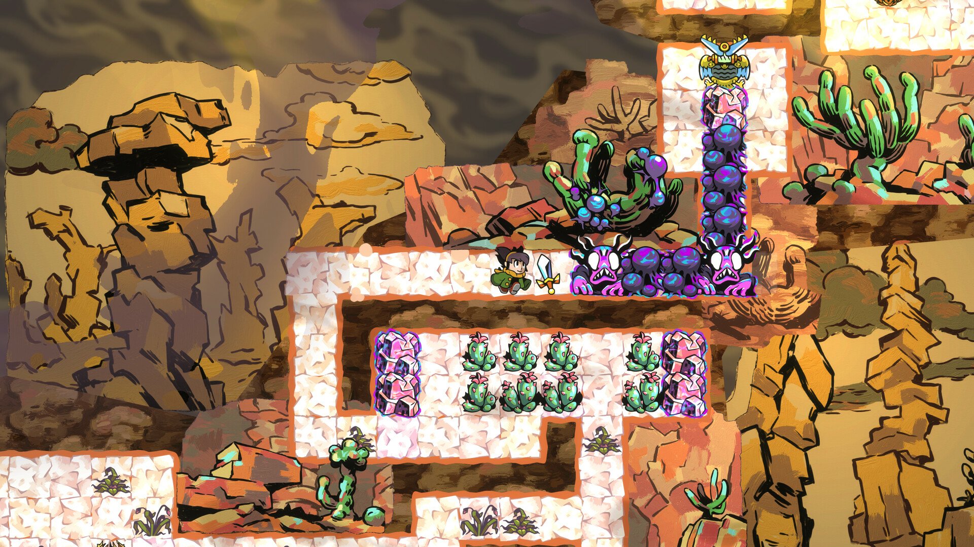 A vibrant HD desktop wallpaper featuring gameplay from Arranger: A Role-Puzzling Adventure, showcasing colorful puzzles and unique characters in a dynamic, rocky environment.