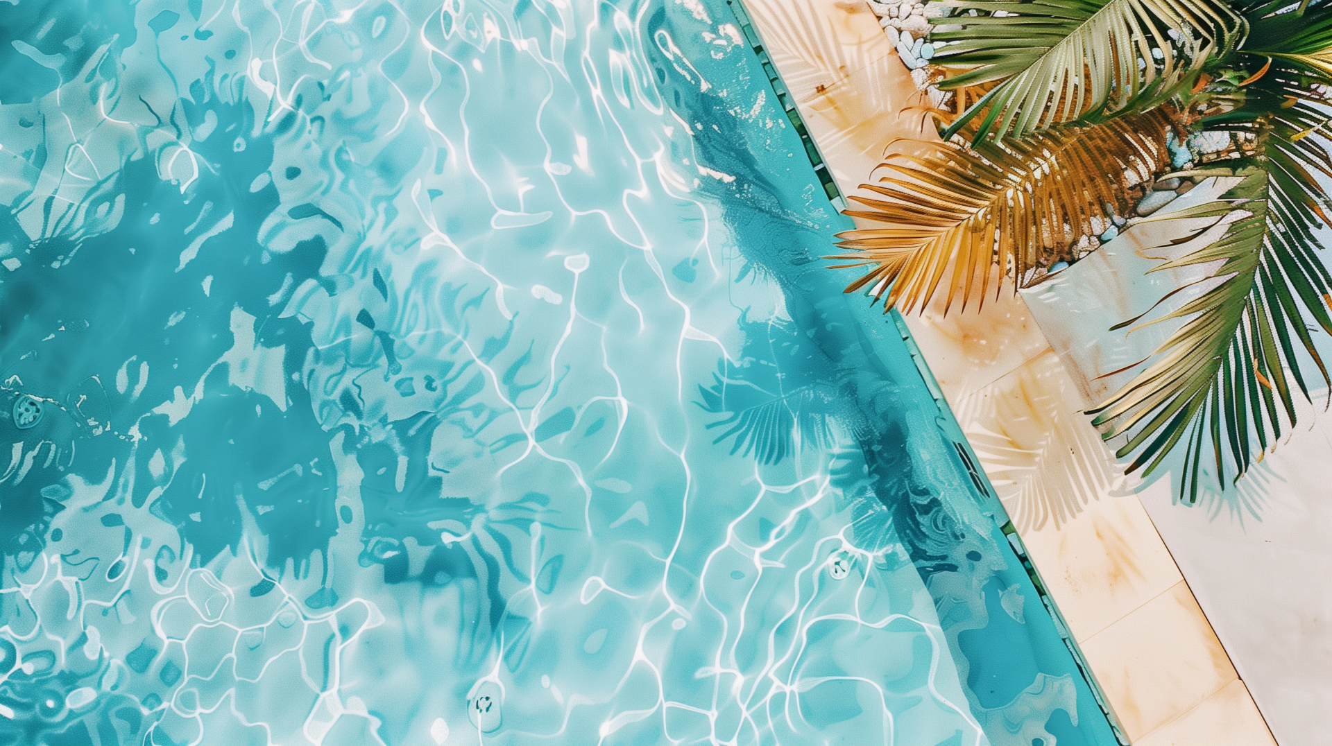 A vibrant HD desktop wallpaper featuring a sparkling pool and lush palm leaves, capturing a serene poolside vibe with shimmering water reflections.